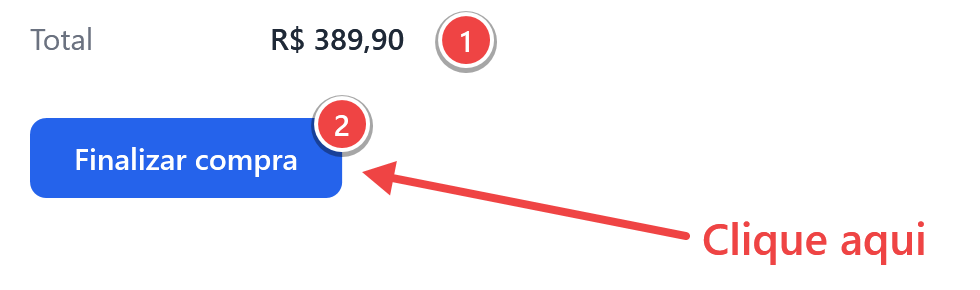 Números 1 e 2 e uma seta vermelha apontando para o botão Finalizar compra.